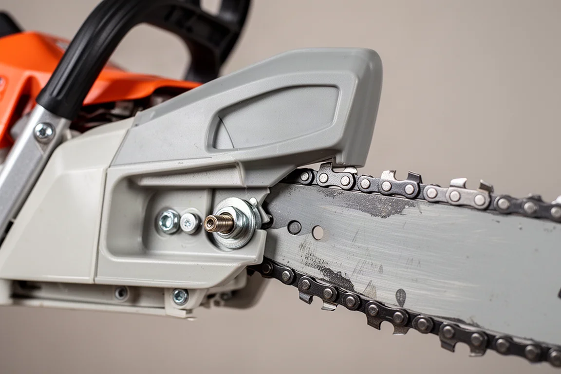 Close-up of a chainsaw chain tensioning mechanism on a compact saw body