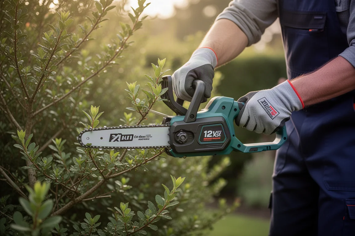 Gardener trimming a small branch with a compact chainsaw in a garden