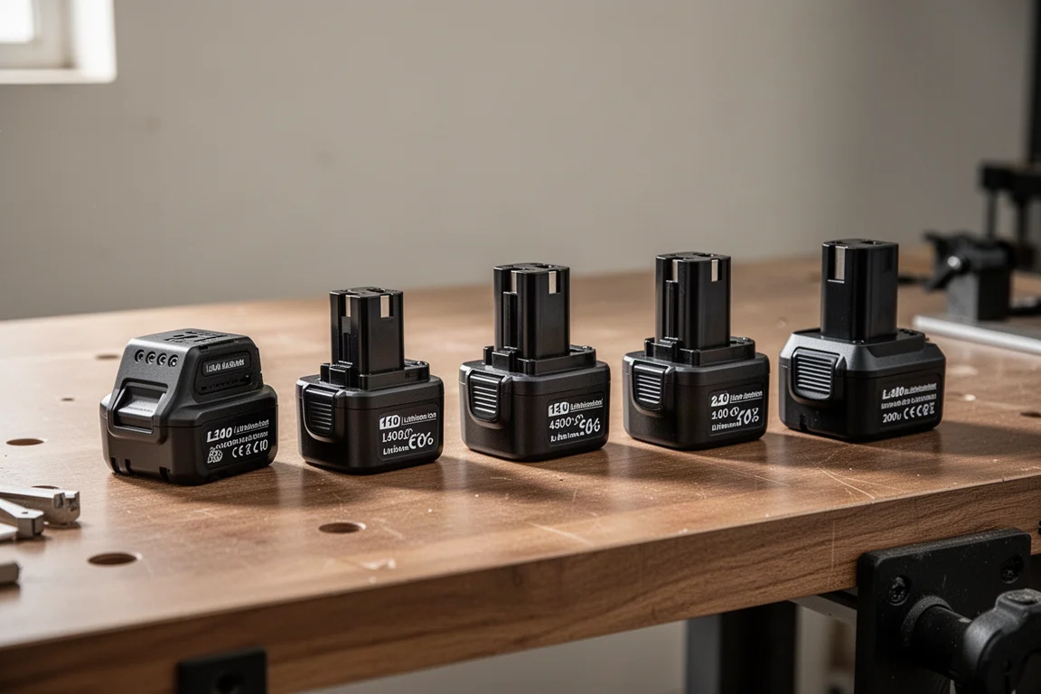 Lithium tool batteries lined up on a workshop bench
