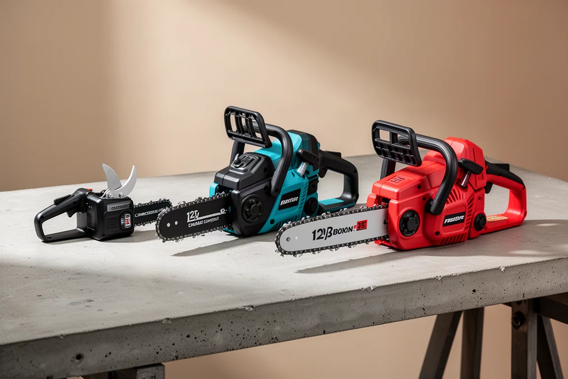 Three compact 12V pruning chainsaws side by side on a concrete workbench