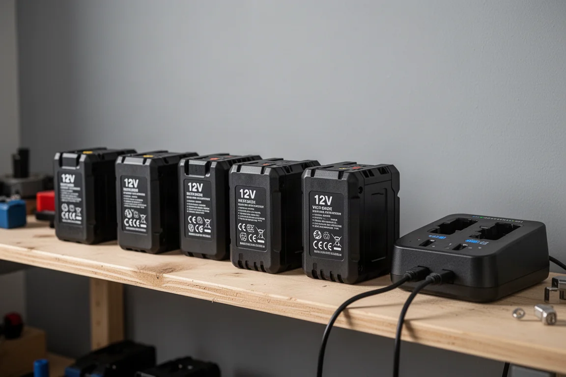 12V-batterier som laddas på en hylla i verkstaden