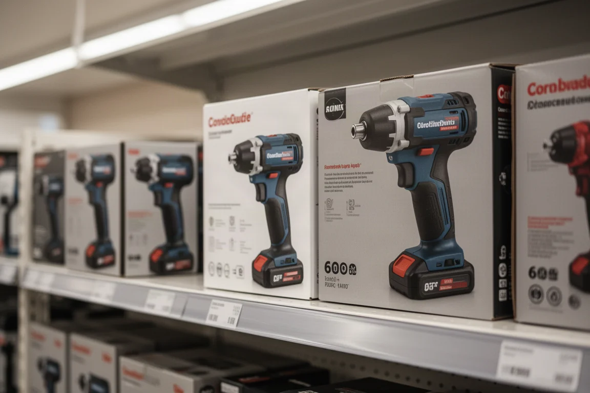 Billiga slösa verktyg i en butikshylla med prislappar oskarpa