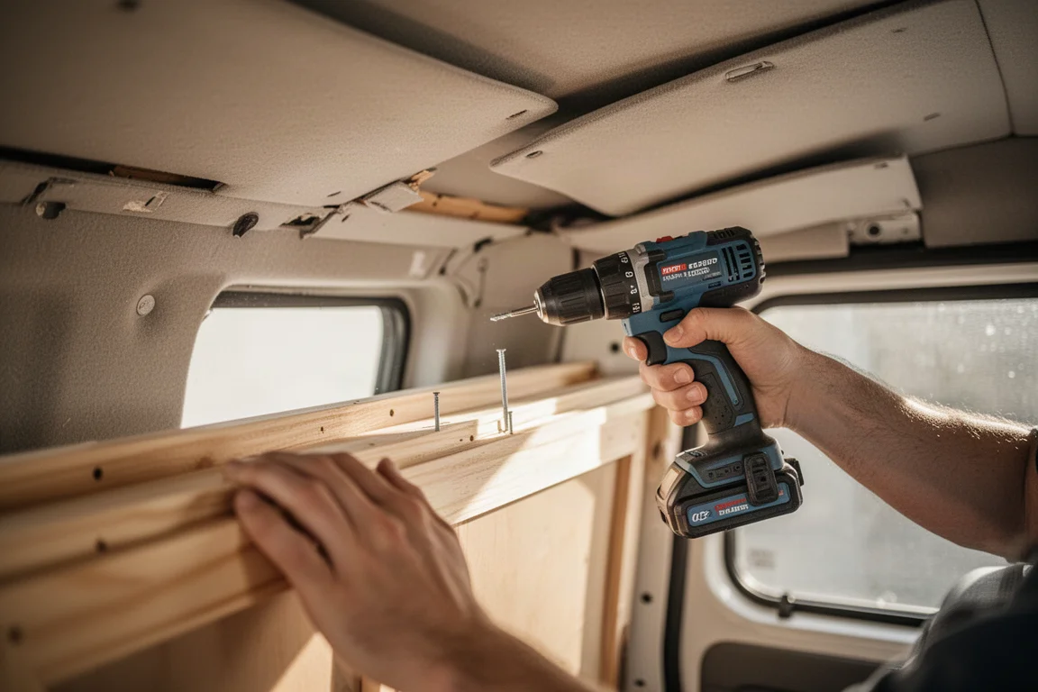 Compact 12V cordless drill being used for trim work in a tight space