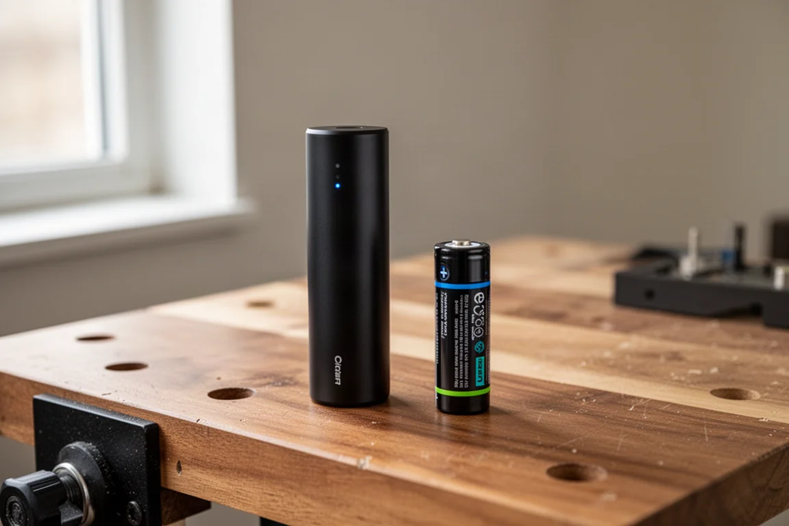 Slide-pack battery and cartridge-style battery side by side on a workbench