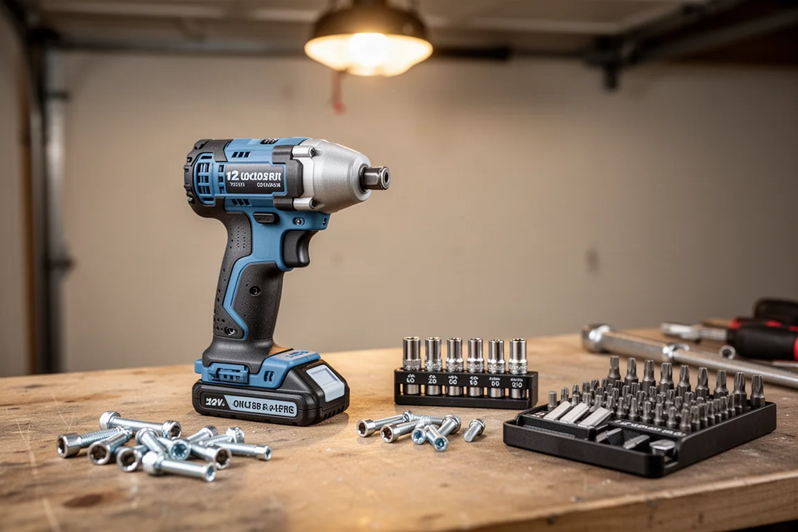 Compact 12V impact driver held next to a quarter-inch socket on a garage bench