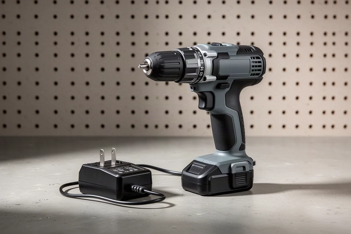 Budget cordless drill and charger on a store-style pegboard backdrop