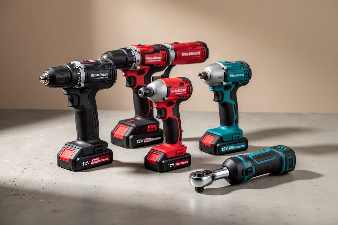 Collection of compact 12V cordless drills and impacts on a concrete workshop surface