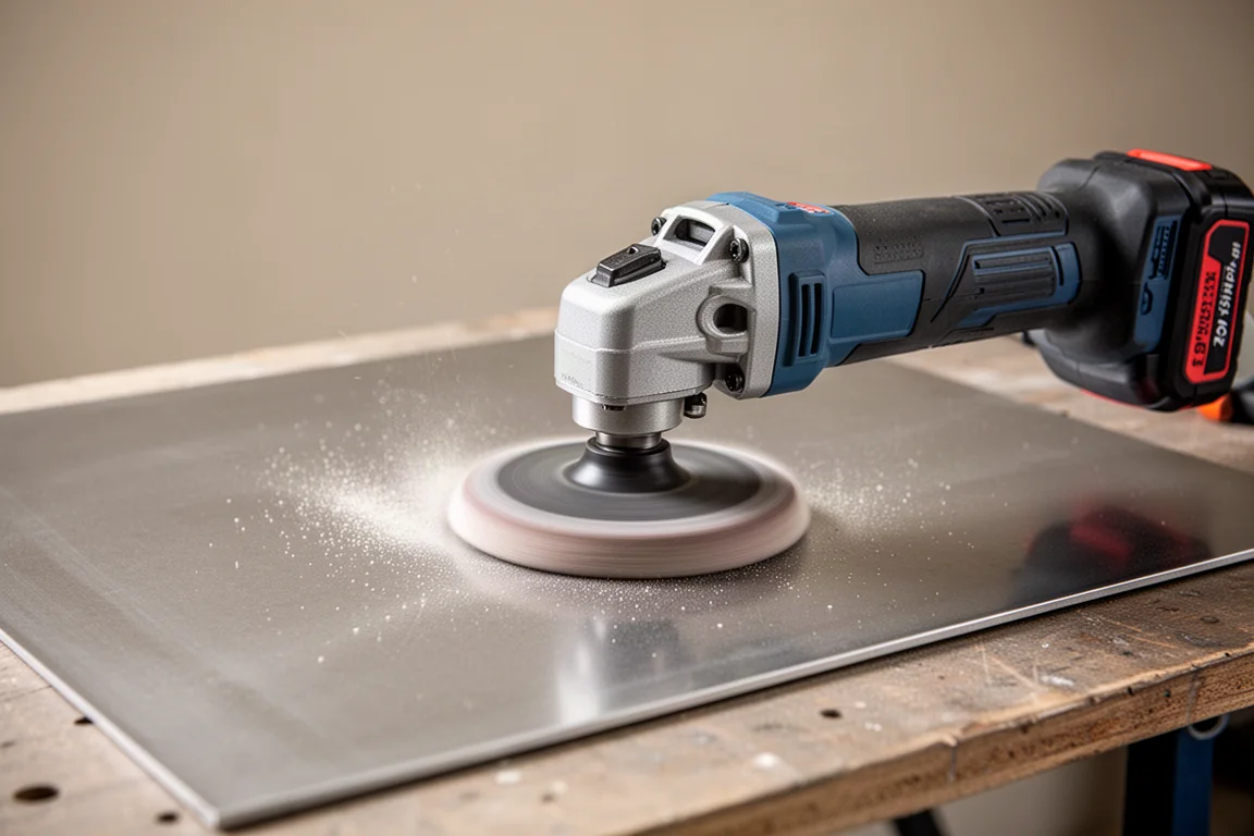 Schuurplaat van 3 inch gemonteerd op een hoekslijpmachine op een stalen paneel