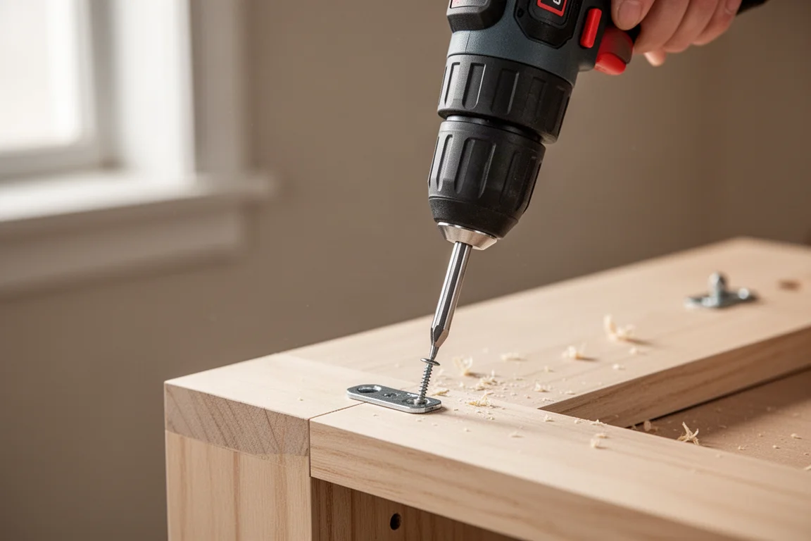Compact 12V screwdriver driving a screw into furniture hardware on a workbench