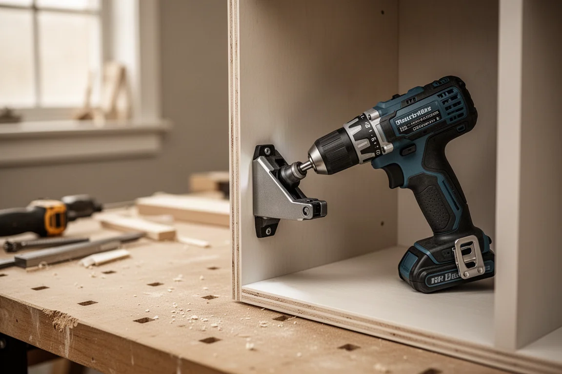 Right angle attachment fitted to a cordless driver reaching into a tight recess