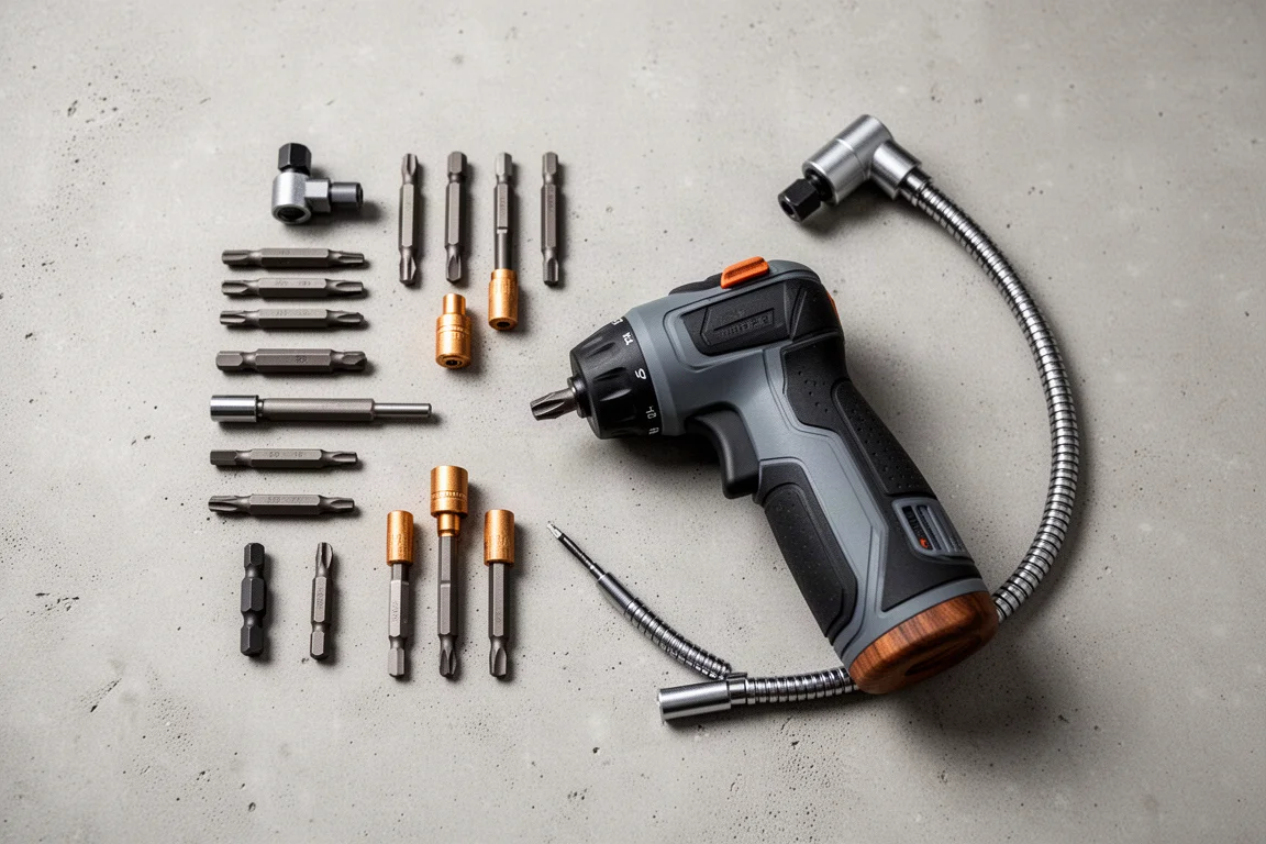 Flat-lay of hex bits, adapters and a compact driver on a workshop bench