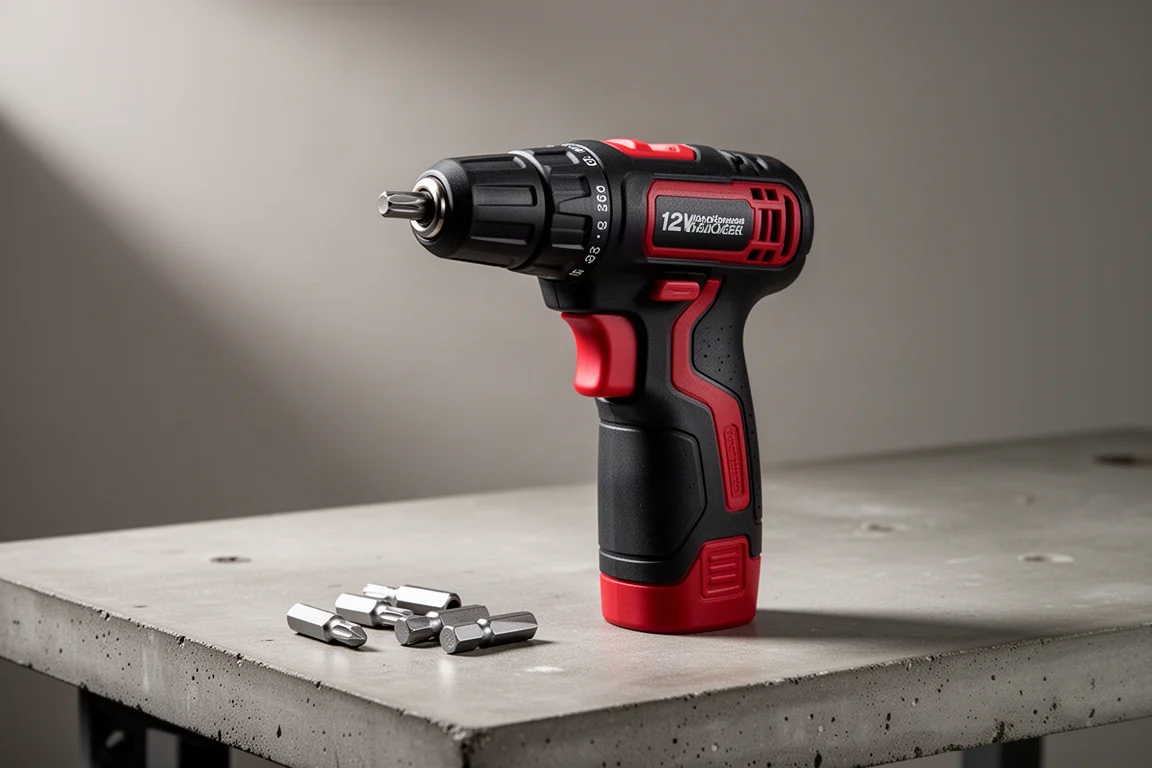 Compact 12V cordless screwdriver with clutch collar standing on a workbench