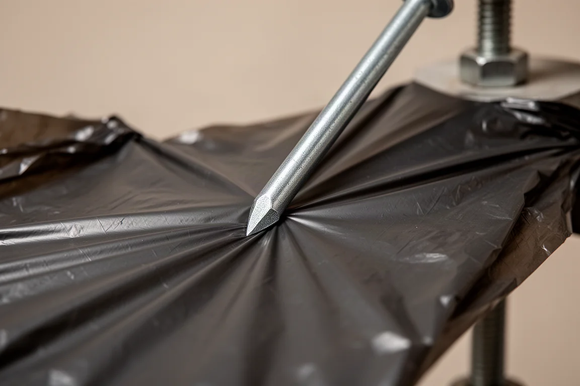 Närbild på en spik som trycks mot en utspänd dark plastbit under ett punkteringstest