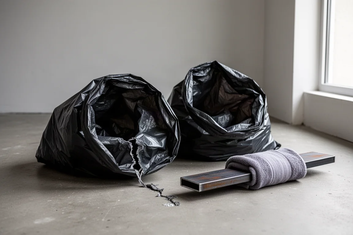 Två soppåsar med upprivna sömmar liggande på ett betonggolv efter ett sömstyrketest