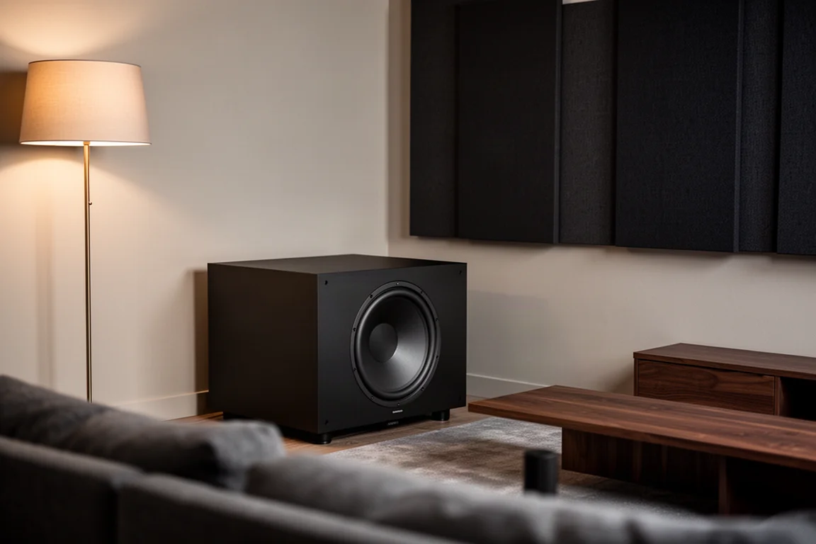 Gran caja de subwoofer negro mate en la esquina de una sala de cine en casa con poca luz
