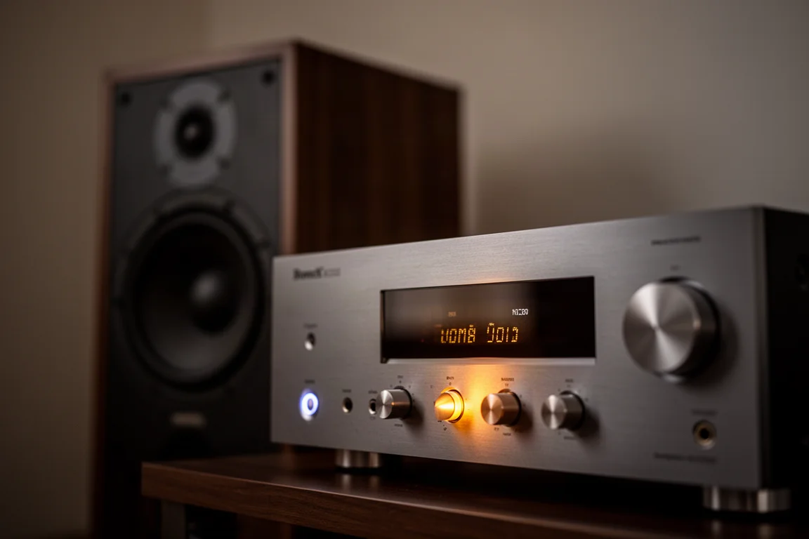 Panel de receptor de cine en casa iluminado en una habitación oscura con un subwoofer detrás