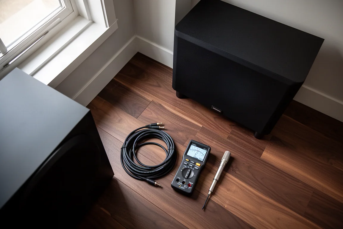 Vista superior plana de cable de altavoz, micrófono de medición y medidor