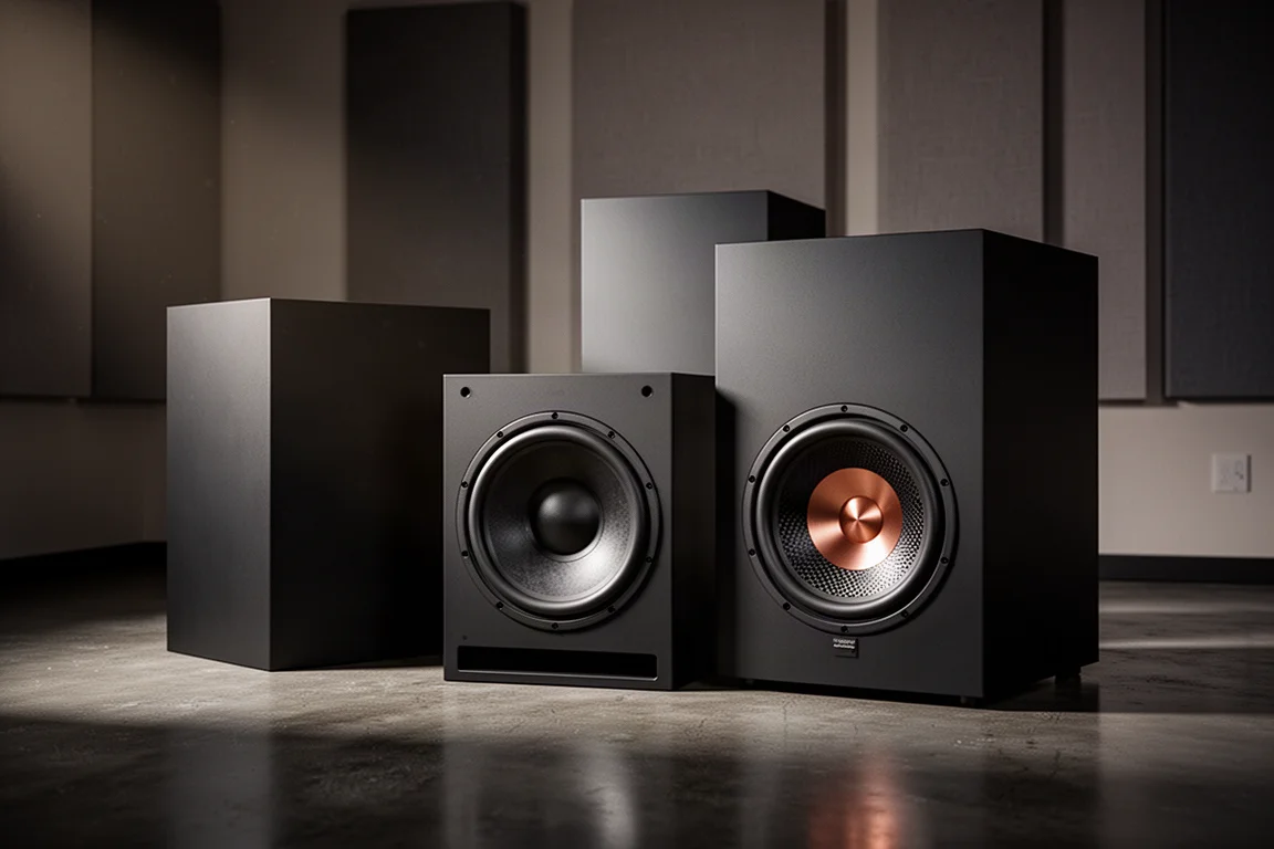 Three large matte black subwoofer cabinets in a dimly lit home theater room