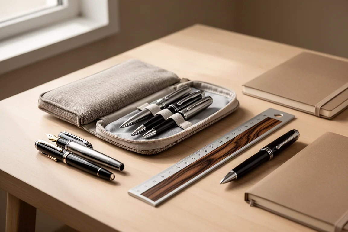 Troussse ouverte sur un bureau avec une fine règle en aluminium et bois à côté de stylos