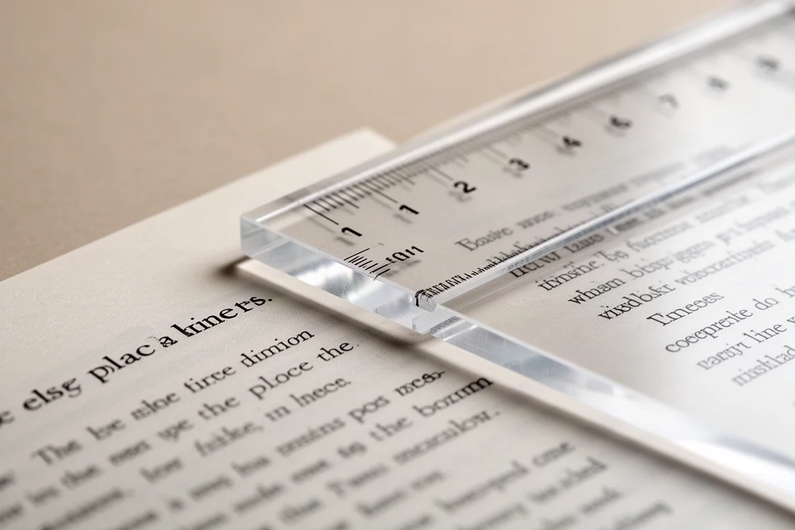 Bord transparent d'une règle aligné sur un texte imprimé d'une page