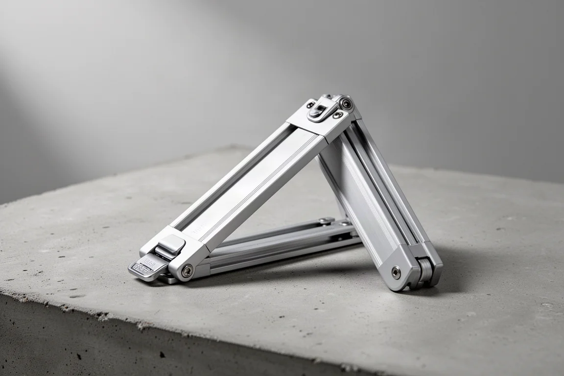 Règle pliante en aluminium partiellement déployée sur un bureau en béton