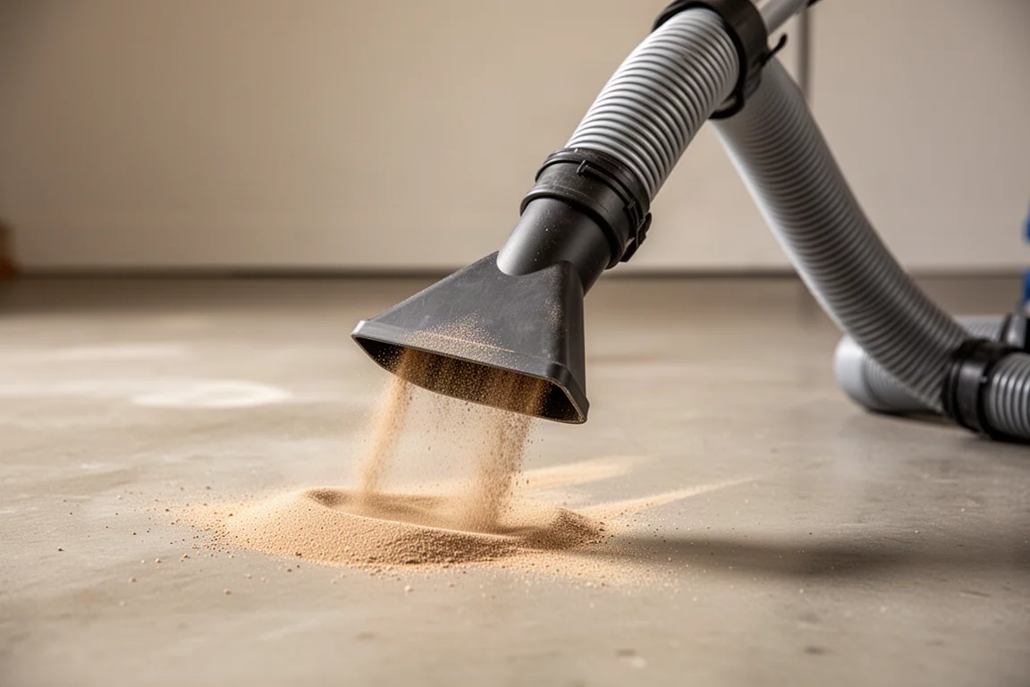 Zuigmond van een nat/droog stofzuiger die zand van een werkplaatsvloer optilt