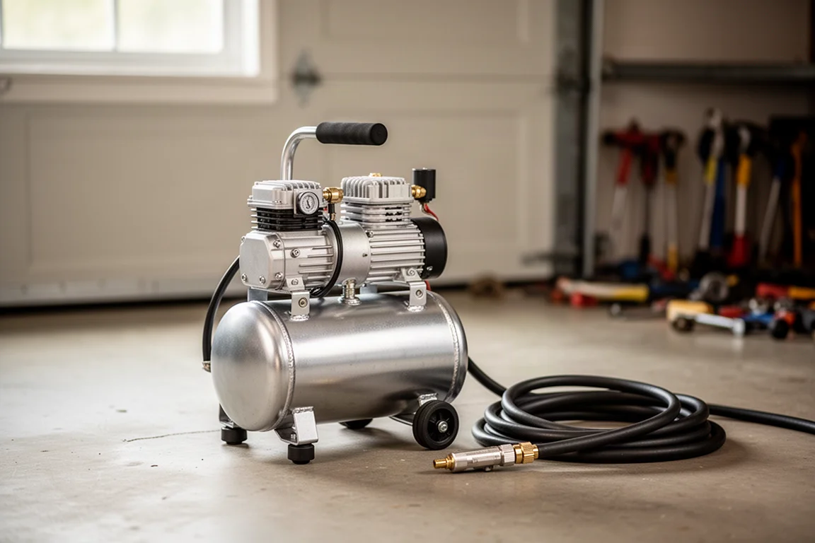Compressore d'aria compatto con tubo dell'aria collegato in un garage officina domestica