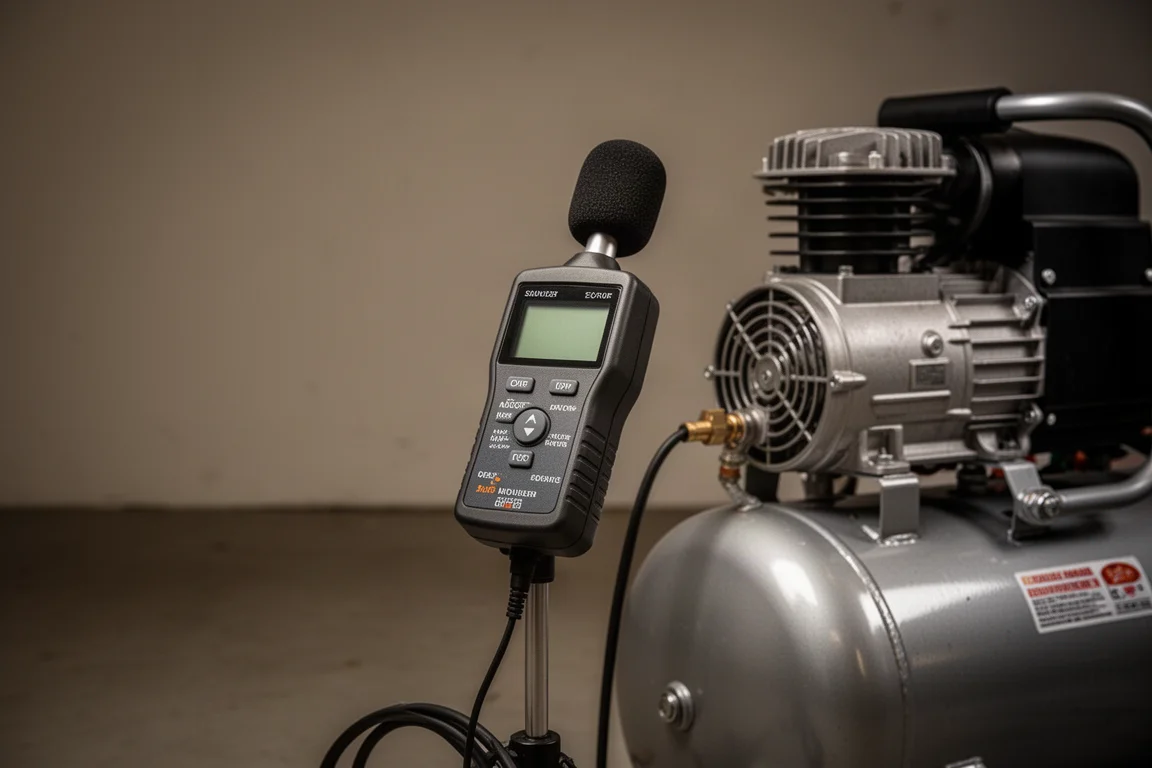 Fonometro tenuto vicino a un compressore d'aria per misurare il livello di rumore
