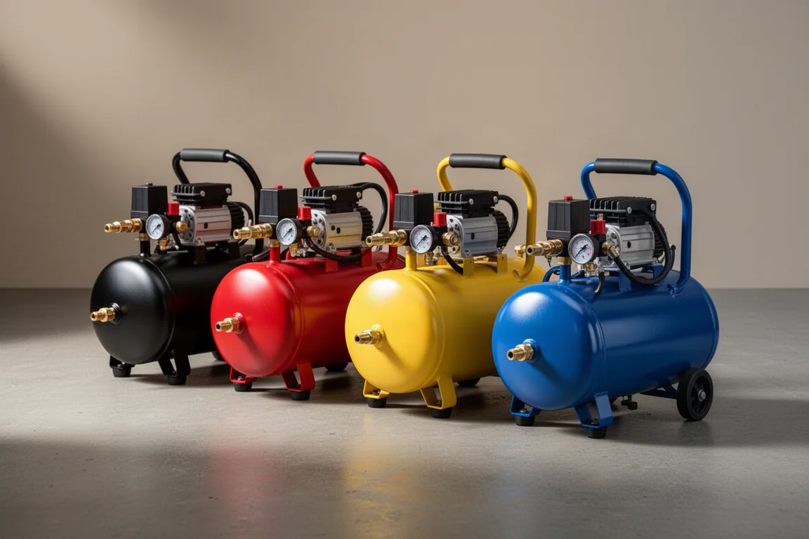 Row of compact portable air compressors on a concrete workshop floor
