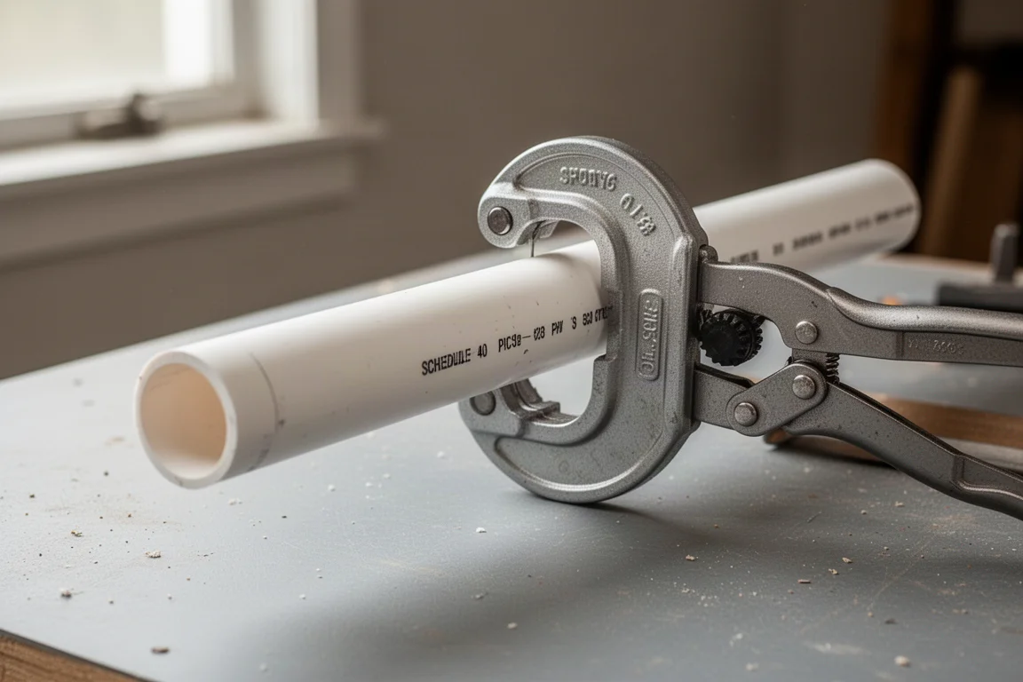 PVC-Rohr liegt in der Halterung eines Schneiders, bereit für einen geraden Schnitt