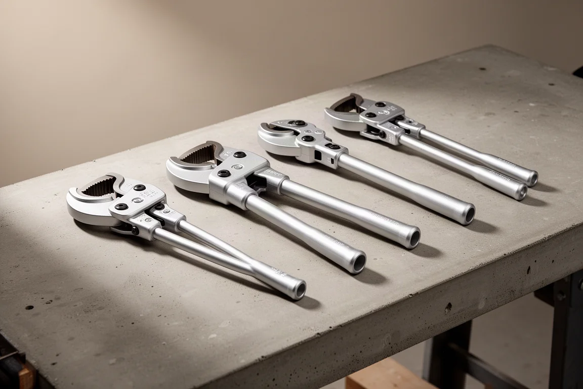 Four ratcheting PVC pipe cutters lined up on a concrete workbench