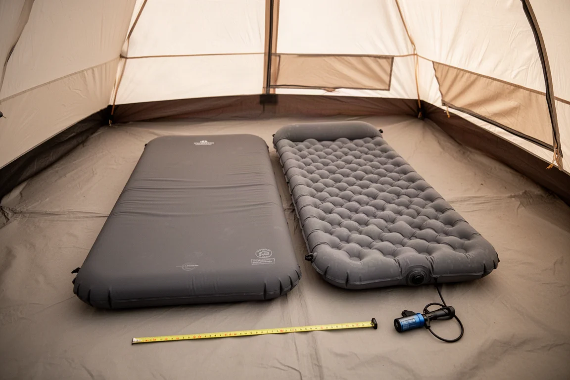 Twee 2-persoons slaapmatten naast elkaar in een tent met een handpomp in de buurt