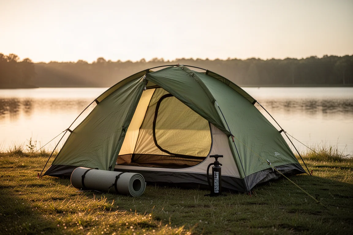 Tent opgezet naast een meer tijdens het gouden uur met een opgerolde slaapmat bij de ingang