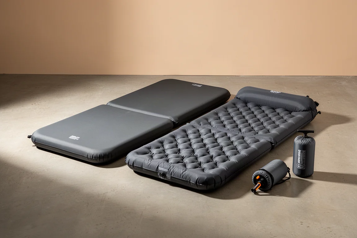 Two two-person camping mattresses side by side with a stuff sack and hand pump