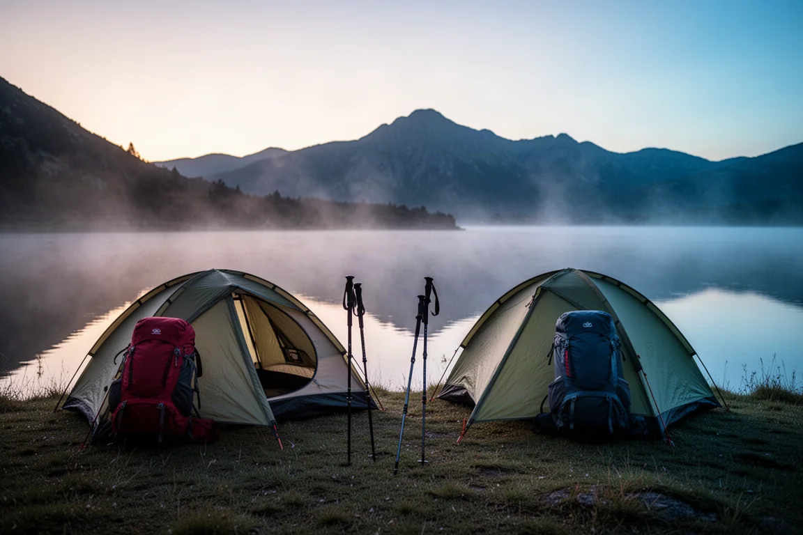 Two low-profile backpacking tents pitched beside a mountain lake at dusk with mist over the water