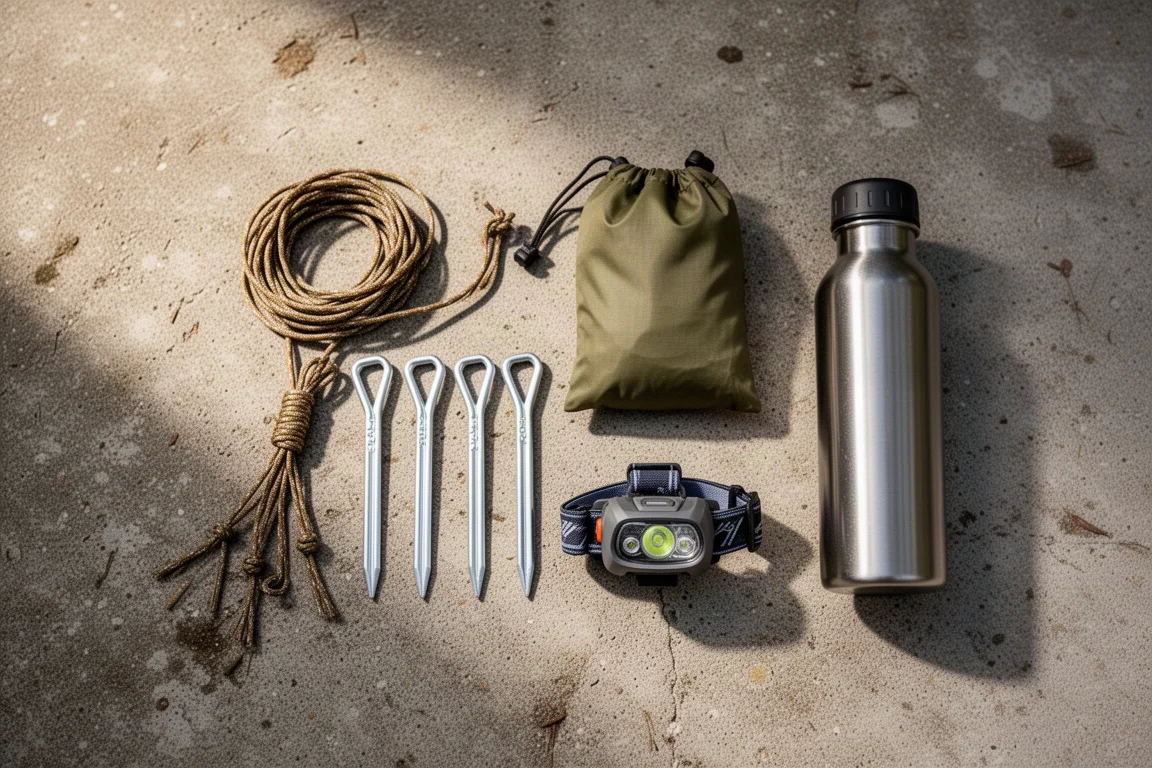 Overhead flat-lay of backpacking camp essentials on weathered concrete