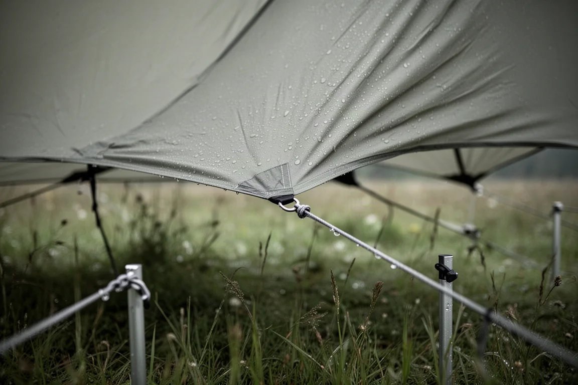 Taut tent fly fabric under wind tension with water beading, guy lines staked in wet grass