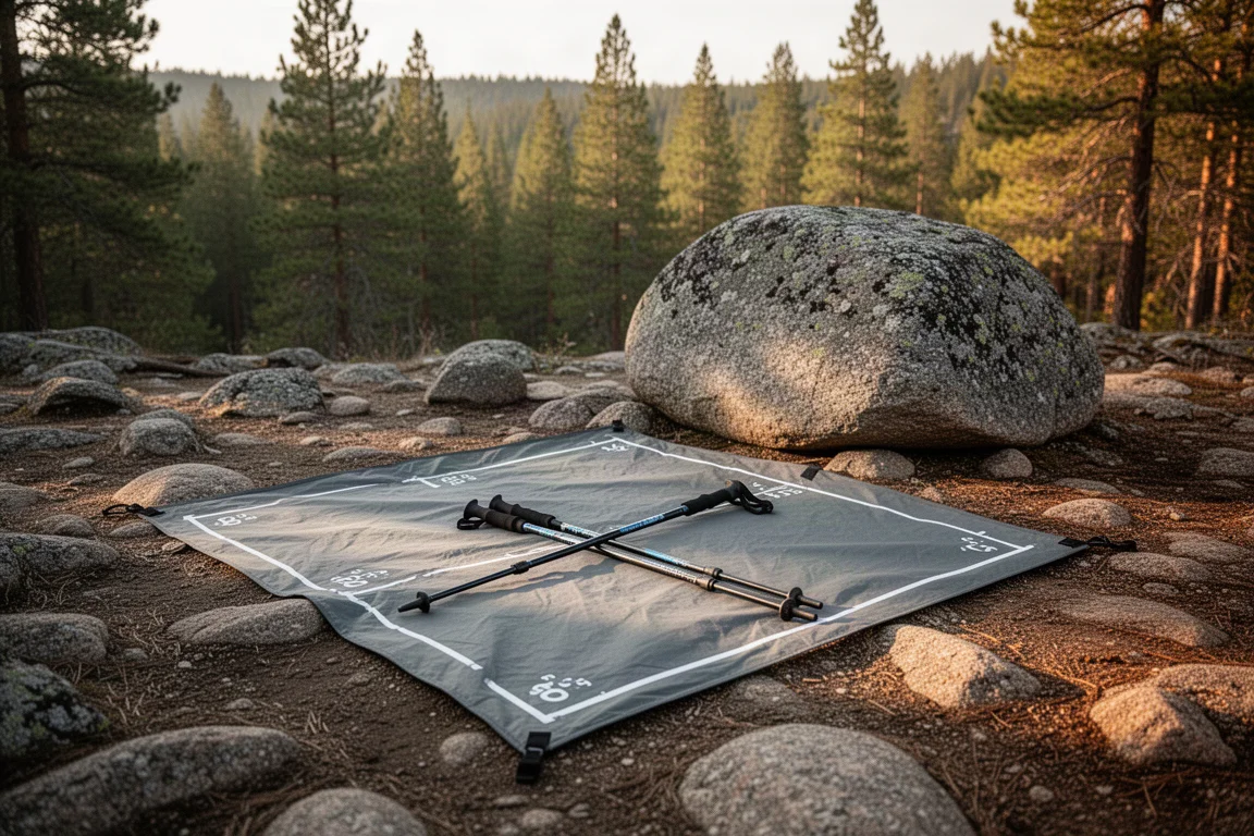 Measured tent footprint area marked on rocky ground beside a granite boulder at late afternoon