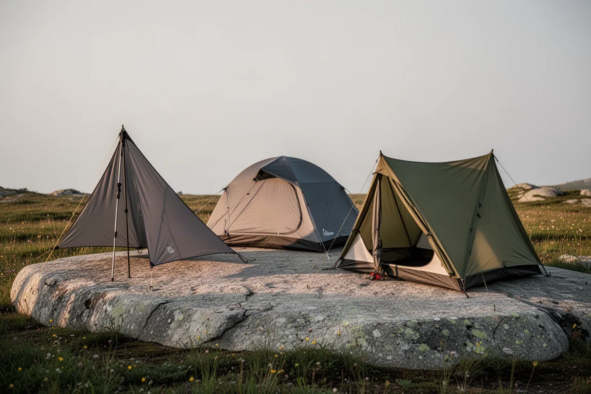 Three low-profile two-person backpacking tents pitched on a granite slab at dusk