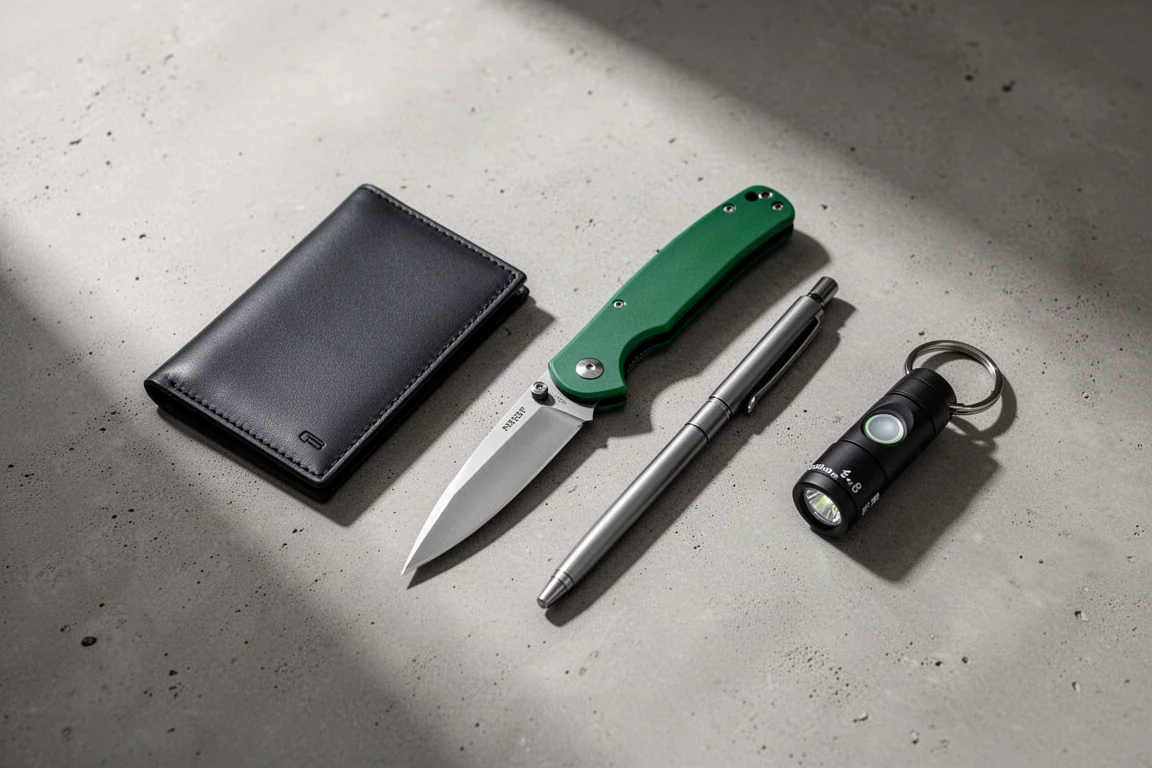 Översiktlig flat lay av EDC-utrustning arrangerad på en betongyta