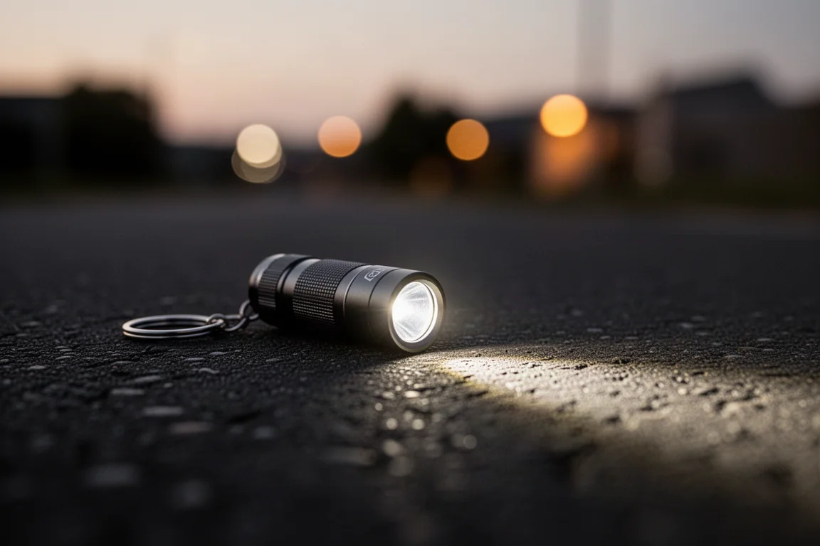 Liten nyckelringficklampa som kastar en ljus stråle på en mörk yta i skymningen
