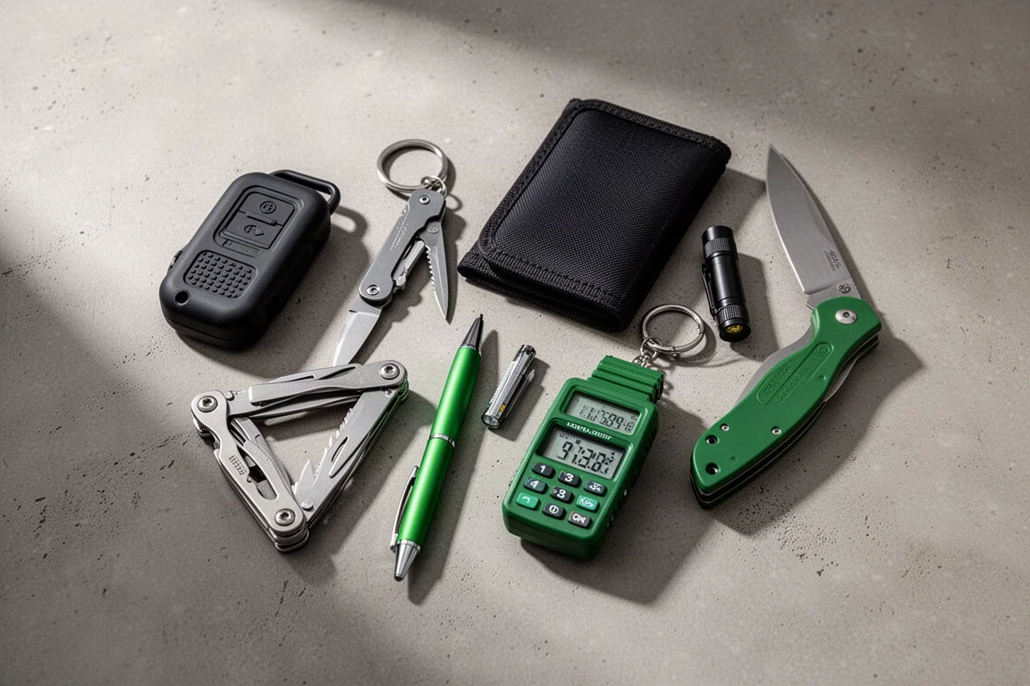 Overhead flat-lay of everyday carry gear including wallet, knife, pen, flashlight and watch