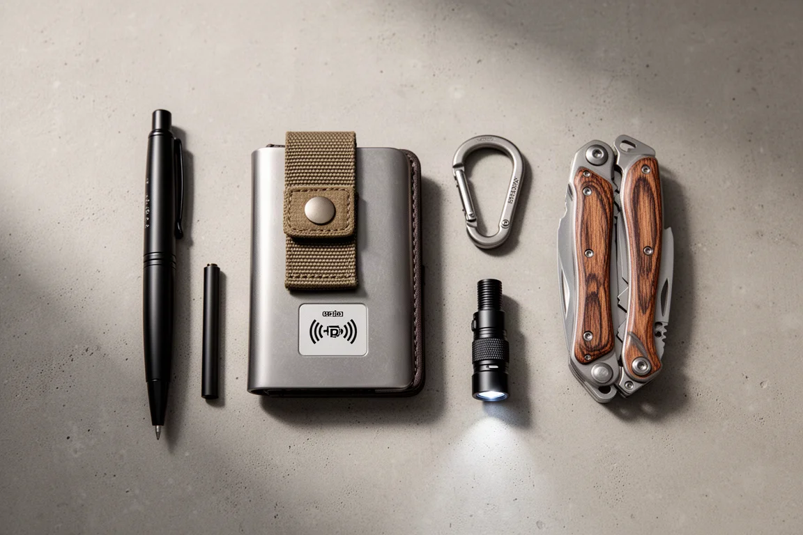Flat-Lay mit Stift, Metal-Wallet, Karabiner, Taschenlampe und Multi-Tool auf Beton
