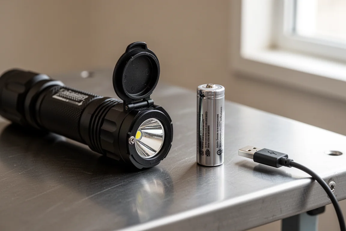 Primo piano del vano batteria di una torcia con un cavo USB collegato per la ricarica