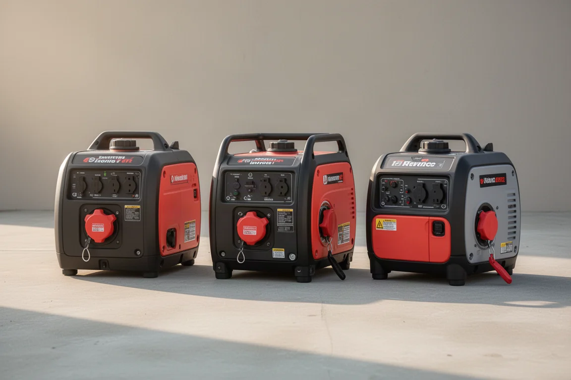 Drie invertergenerators naast elkaar opgesteld voor testen op een betonnen ondergrond