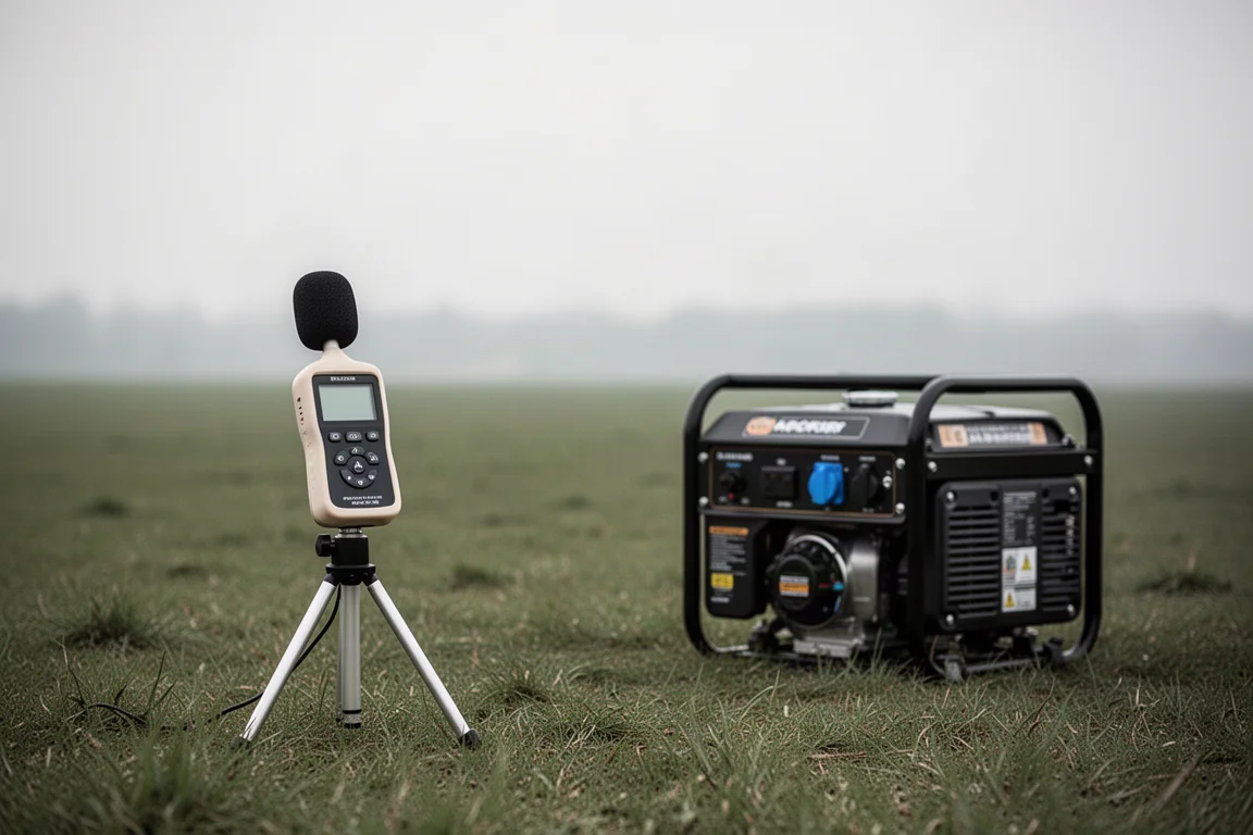 Geluidsmeter opstelling die het geluid van de generator meet in een stille open ruimte