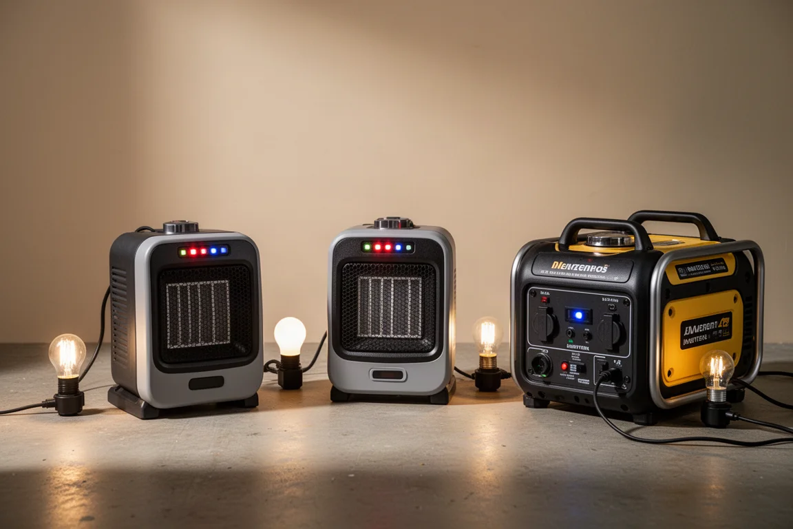 Elektrische kachels die stroom afnemen van draagbare generators tijdens een brandstoftest