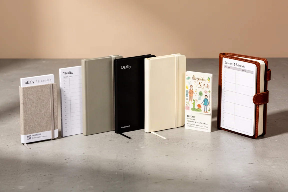 Eight different planners and notebooks arranged in a row on a concrete surface