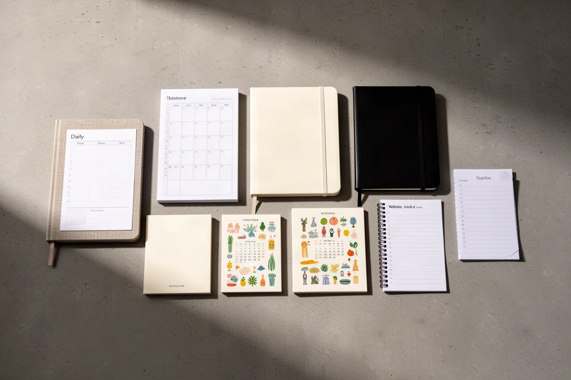Collection of eight different 2023 planners arranged on a concrete surface