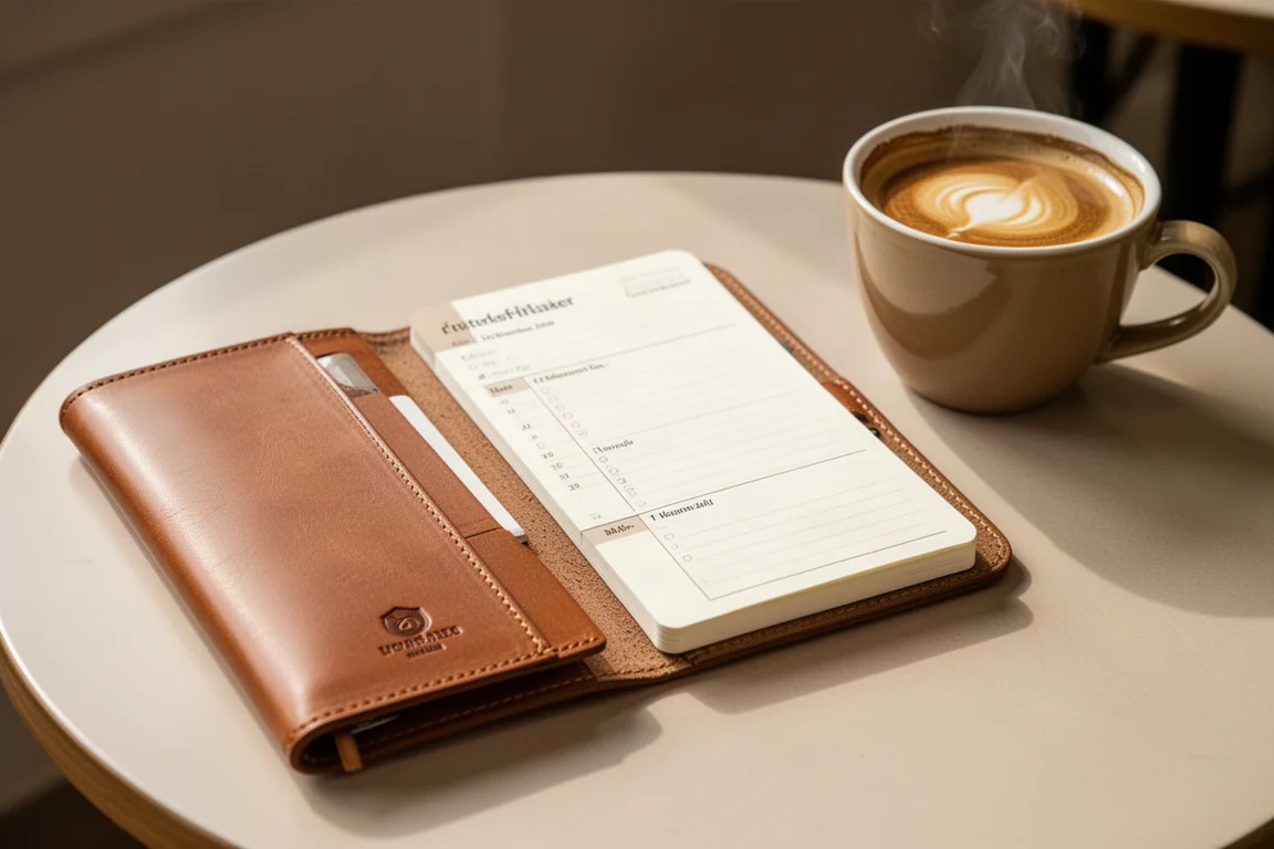 Notizbuch im Reisestil mit Refills auf einem Café-Tisch